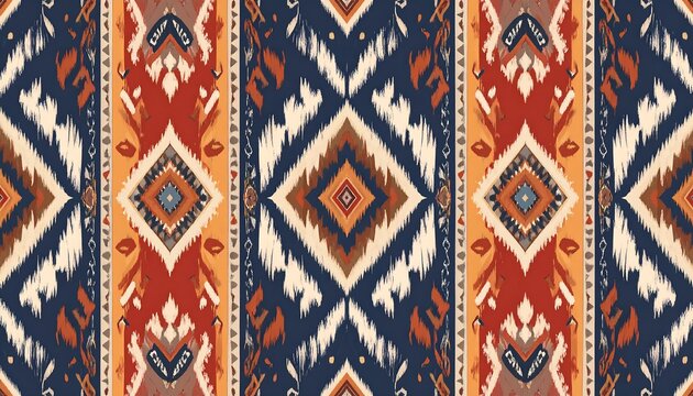 A vibrant, symmetrical pattern of geometric shapes and abstract designs in shades of orange, blue, and white