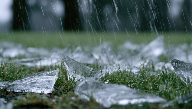 Sharp ice shards litter green grass as rain falls
