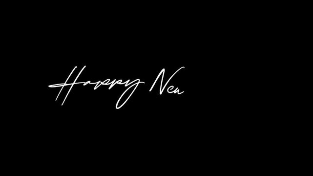 Happy New Year handwritten text animation on black background. Elegant white cursive signature-style text writing reveal on black background.