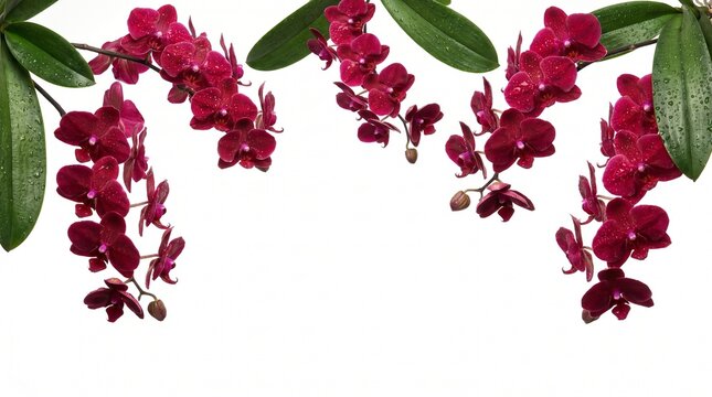 Hanging burgundy vanda orchid flowers isolated on white background