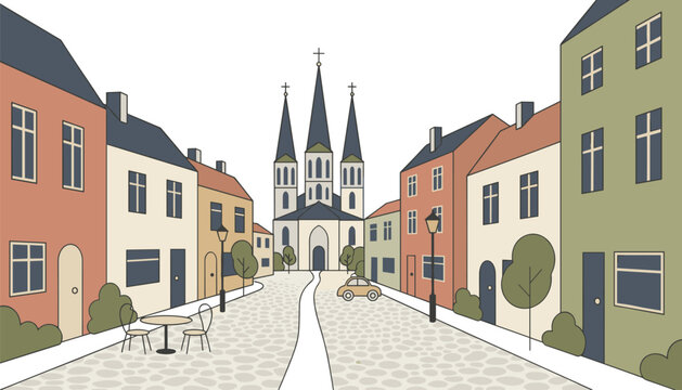 Picturesque European city street scene featuring quaint colorful houses, a large church spire, and an empty cobblestone path.