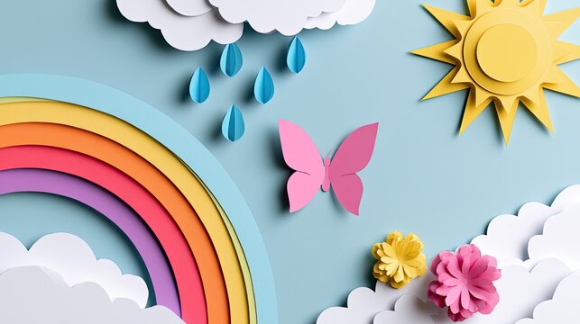 Colorful papercraft sky with rainbow, sun, clouds, rain, flowers, butterfly