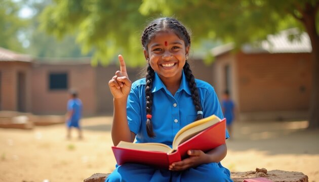 Happy Indian schoolgirl in blue uniform holds open book in rural outdoor garden setting. Smart child raises finger great idea for study project. Young female student smiles sitting outside village