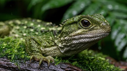 Fototapeta premium New Zealand Tuatara Resting on a Mossy Log in a Forest Environment