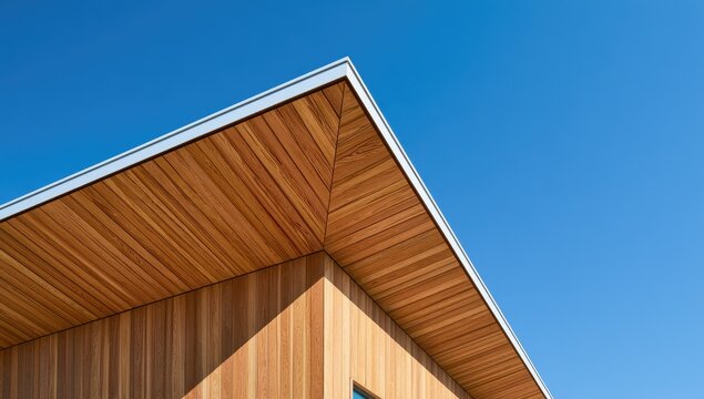 Modern wooden building corner with angled roofline against clear blue sky
