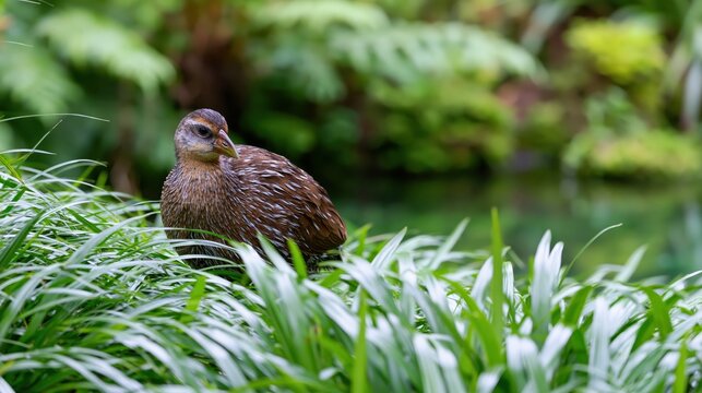 New Zealand Weka Walking Through Green Grass Near a Pond in a Lush Environment