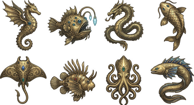 Golden sea creatures swim in ocean depths with jewels shining.