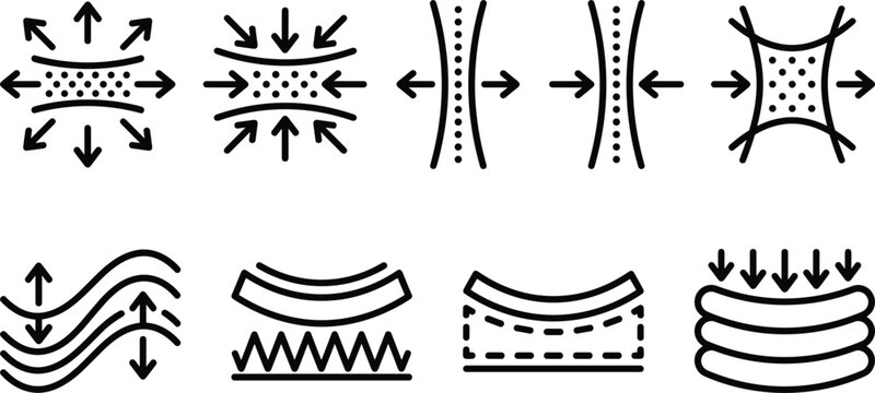 Material properties and textile feature line art vector icon set featuring elasticity breathability compression and flexibility properties.