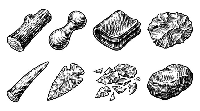 Hand Drawn Collection of Prehistoric Stone Age Tools and Survival Equipment in Vintage Engraving Style