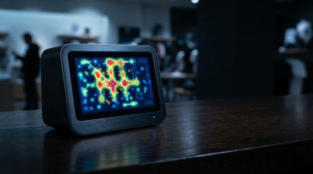 Device displays heatmap data on desk with blurred background of people