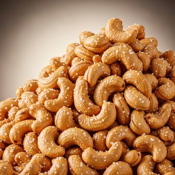 Close up view of a large mound of roasted and salted cashew nuts, providing a delicious and satisfying healthy snack option, gourmet, natural, tropical