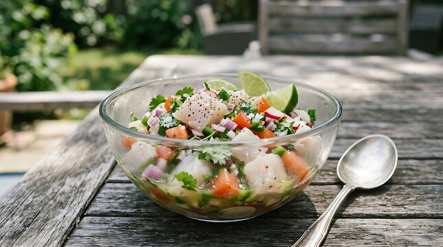 Fresh Seafood Ceviche in Glass Bowl on Rustic Table