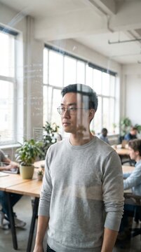 Thoughtful young developer standing in a modern office with code reflected on a glass wall