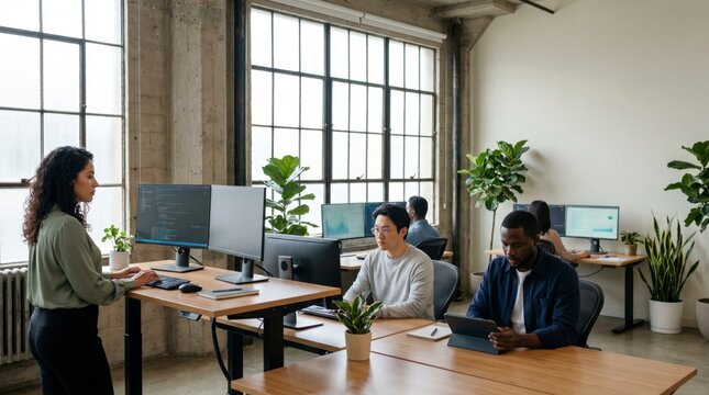 Diverse startup team collaborating on software projects in a bright modern loft office