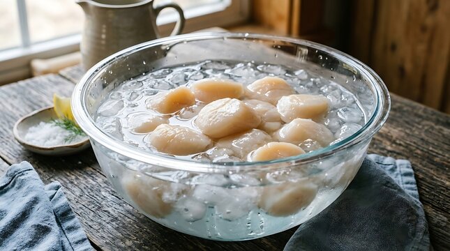Fresh Raw Sea Scallops in Ice Water Bowl on Rustic Table