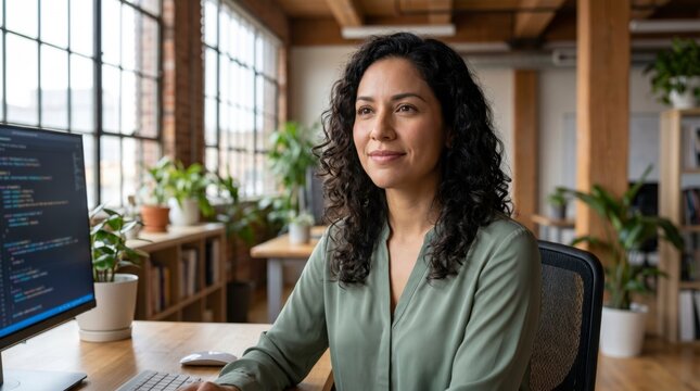 Confident latina software engineer smiling at her desk beside a code filled monitor