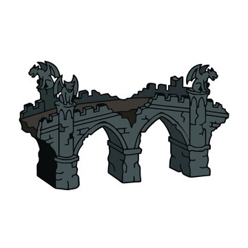 Cartoon ruined gothic stone bridge with gargoyle statues, broken medieval architecture element