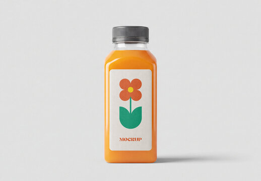 Clear Plastic Juice Bottle Mockup with Orange Liquid and Retro Flower Label