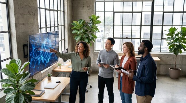 Confident analyst presenting a glowing neural network visualization to an attentive team