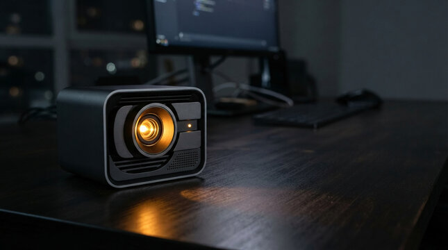 Mini projector glowing with warm light on a dark wooden desk