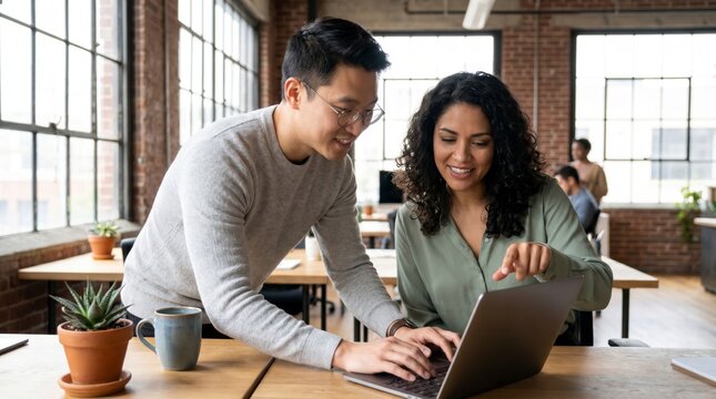 Cheerful colleagues collaborating on a laptop together in a bright brick walled office