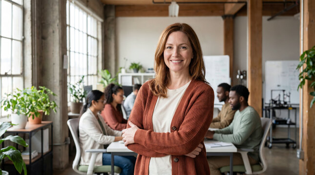 Confident mature team leader smiling with arms crossed in a busy technology office