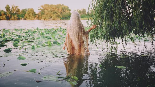 fantasy woman river nymph walking in river swamp water, hand touching stroking branches green leaves of willow tree. fairy girl enjoys beauty nature. elf back rear view wet dress. long blonde hair