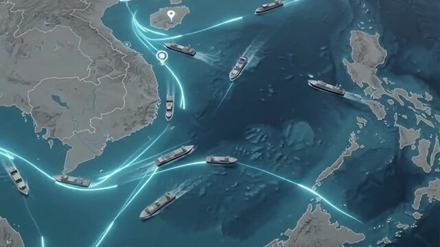 Animated map of south china sea maritime trade routes in 4K