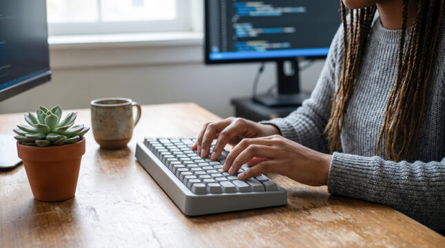 Close view of a woman typing on a keyboard beside a code filled monitor at a wooden desk