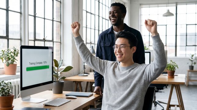 Excited developers celebrating a completed model training milestone in a bright office