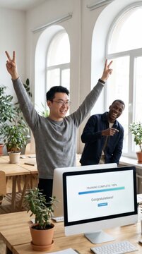 Two developers celebrating a successful training run with a congratulations message on screen