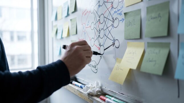 Close view of a hand drawing a neural network diagram on a sticky note covered whiteboard