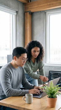 Focused colleagues collaborating on code at a laptop beside a monitor in a concrete office