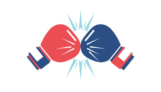 Pair of red and blue boxing gloves colliding in the center with impact star bursts.
