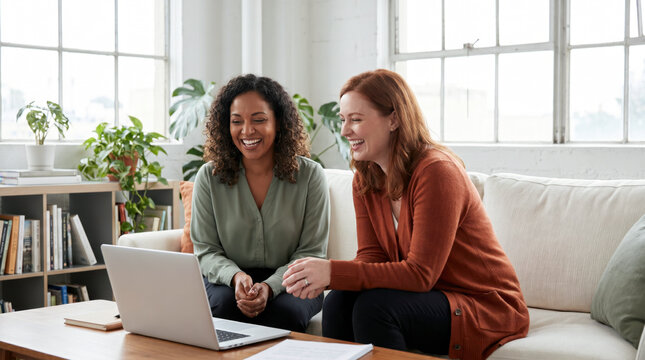 Cheerful women laughing while working on a laptop in a bright plant filled living room