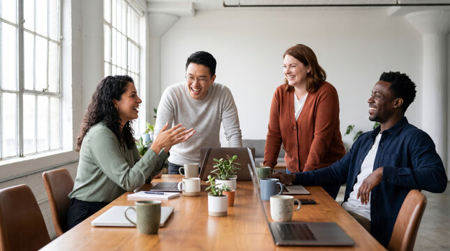 Diverse team laughing together during a lively brainstorm meeting around a wooden table