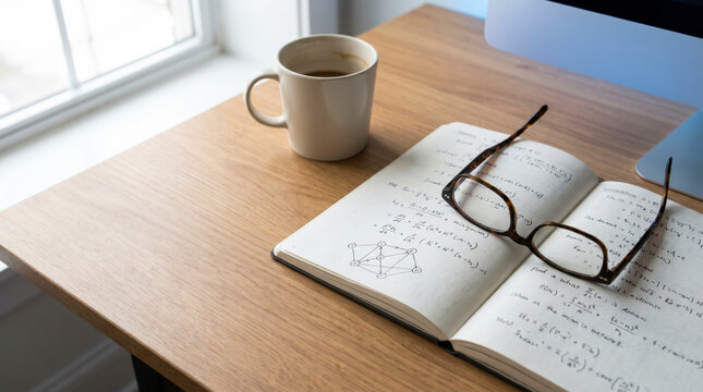 Open notebook with handwritten equations and a graph beside eyeglasses and a coffee mug