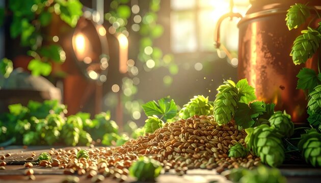 Fresh hops and barley grains with copper brewing equipment.