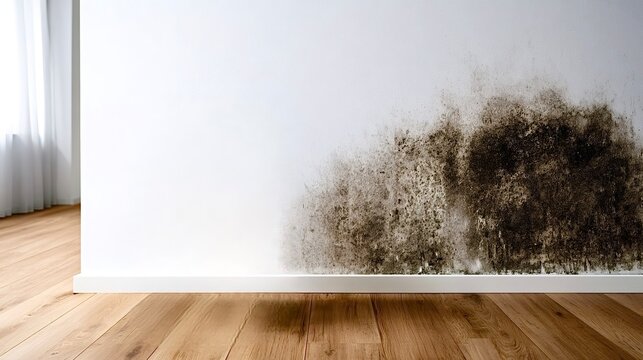 Black mold growing on white wall from moisture damage