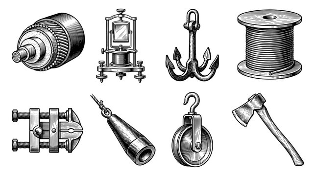 Vintage Engraved Illustrations of Industrial and Maritime Tools, Equipment, and Components Set