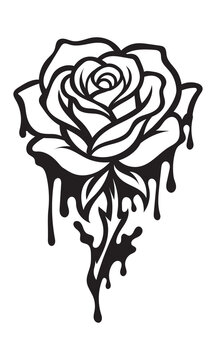 Stylized rose flower silhouette with melting liquid paint drips vector artwork.