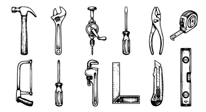 power tools vector, drill hammer saw, black white tool icons, adjustable wrench pliers, tape measure utility knife, workshop equipment illustration, construction tools collection, handyman tool pack, 