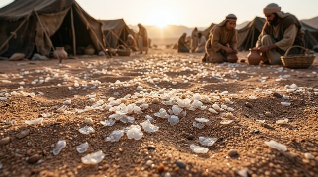 Miraculous desert blessing: manna supply, heaven food, Israelite journey, wilderness survival, divine gift, God send, daily nourish, exodus tale, forty year, Sabbath exception.