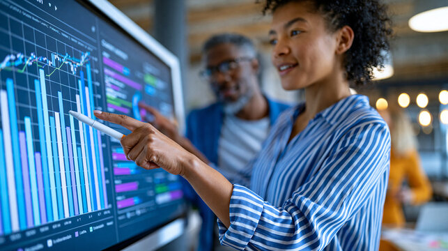 Faceless happy diverse corporate business team analyzing complex financial data charts on large interactive digital whiteboard during creative office strategy meeting, data