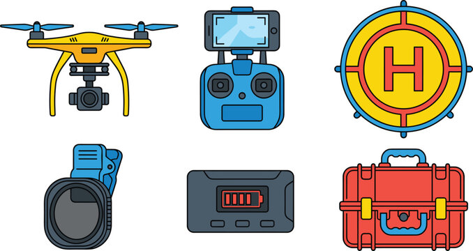 Commercial Quadcopter Drone and Aerial Videography Equipment Icon Set with Camera Drone, Remote Controller, Helipad Landing Pad, ND Filter Lens, Battery, and Hard Case Vectors