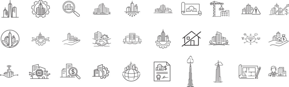 Commercial buildings outline icon set with editable stroke for architecture, real estate and business use.