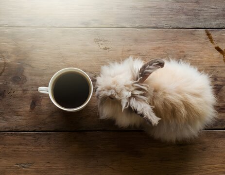 Cozy furry bunny with long ears resting near hot coffee on rustic wooden table