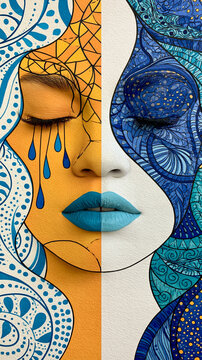 Close-up portrait of woman with blue face paint and tears. Artistic makeup featuring decorative patterns and emotional expression. Creative beauty...