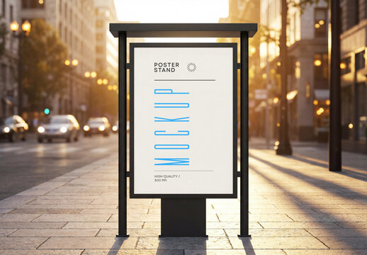 Outdoor Poster Stand Mockup on City Street at Golden Hour