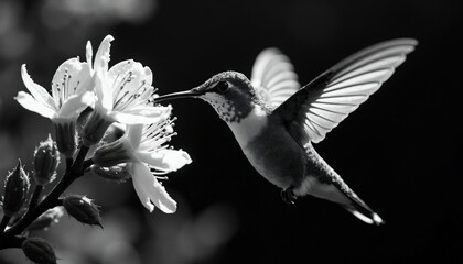 Fototapeta premium Monochrome hummingbird hovers near white blossoms, feeding on nectar. Delicate wings outstretched, capturing flight details against dark background. Tiny bird drinks sweet liquid from small flower.